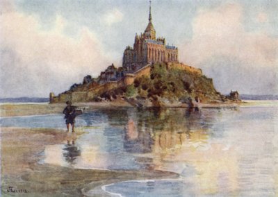 Mont St Michel fra Tombelaine, Aften (farve litho) af J. Hardwicke Lewis