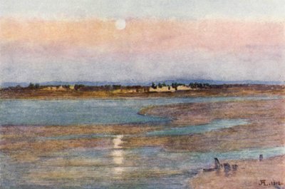 Måneopgang ved solnedgang, fra La Croix Blanche, Mont St Michel (farve litho) af J. Hardwicke Lewis