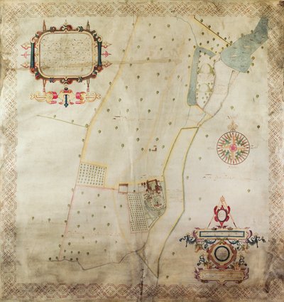 Kort over godset Shifnal, Shropshire, 1635 (blæk og farve på pergament) af J. Harrison