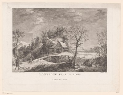 Udsigt over et hus nær en bro med figurer Montagne près de Rome (titel på objekt) af J. Hémery