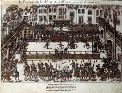 Turnering og død af Henri II (30. juni 1559): ved sin datters bryllup (på nuværende place des vosges) kæmpede han mod Gabriel de Montgomery, kaptajn for hans skotske garde, som sårer ham med et spyd i øjet. Stik af det 16. århundrede af Pe af J. J. and Tortorel J. (fl.1568 92) Perrissin
