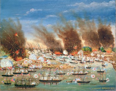 Farraguts flåde passerer Fort Jackson og Fort St. Philip, 1862 af J. Joffray