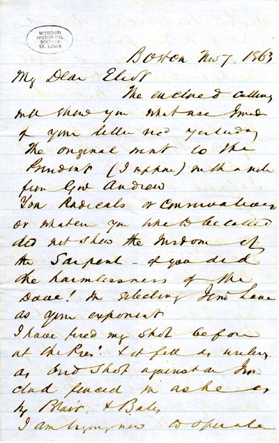 Brev signeret J.M.F. [J.M. Forbes], Boston, til Eliot [William G. Eliot], 7. november 1863 af J. M. Forbes