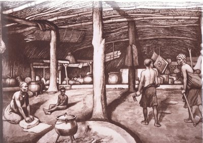 Inde i en Kaffir kraal, fra MacMillan skoleplakater, ca. 1950-60