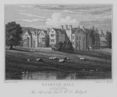 Rushton Hall, South West View, Northamptonshire, sæde for den ærede fru C Medlycott (gravering) af John Preston Neale