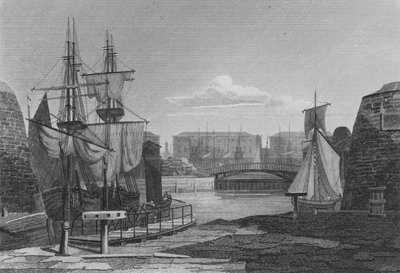 Indgangen til London Docks (gravering) af John Preston Neale
