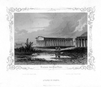 Ruinerne af Paestum, Italien, 1800-tallet af J. Poppel