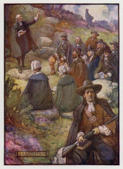 Bevæbnede vagtposter holder vagt under et møde mellem Scottish Covenanters, 17. århundrede af J. R. Skelton