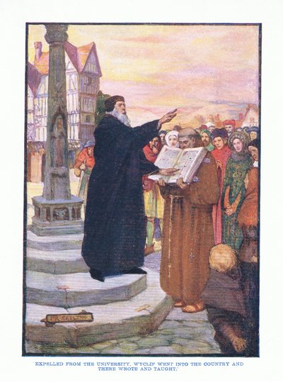 Udvist fra universitetet tog Wyclif ind i landet og skrev og underviste der fra engelsk litteratur pub. af T C & EC Jack, ca. 1920 af J. R. Skelton