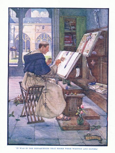 Det var i klostrene, at bøger blev skrevet og kopieret, fra English Literature pub.af T C & EC Jack, ca. 1920 af J. R. Skelton
