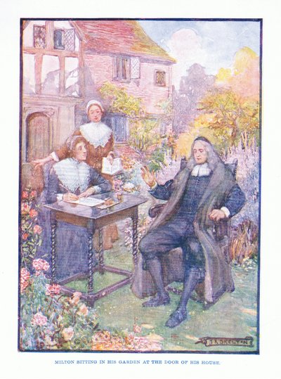 Milton sidder i sin have ved døren til sit hus, fra English Literature pub. af T C & EC Jack, ca. 1920 af J. R. Skelton