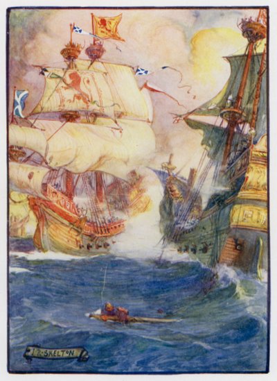 Den skotske flådekaptajn Sir Andrew Wood fra Largo og hans to skibe, Yellow Carvel and the Flower, besejrede fire engelske skibe ud for Dunbar, 1489 af J. R. Skelton
