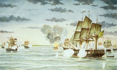 Slaget ved Quilmes under den cisplatinske krig (1825-28) mellem Uruguay og Brasilien (gravering) af J. Raison