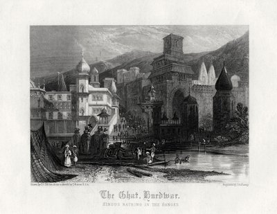 Ghat, Hurdwar, hinduer, der bader i Ganges, 1800-tallet af J. Redaway