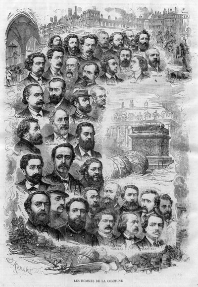 Men of the Paris Commune 1870 gravering af J Robert af 1870 - (Charles Delescluze, Felix Pyat, Charles Ferdinand Gambon, Paschal Grousset, Jules Valles og Gustave Courbet, Arthur Arnould, Charles Amouroux, Victor Clement, Jules Bergeret osv...) af J Robert
