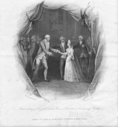 Første møde mellem George III med prinsesse Charlotte..., 1761, midten af det 19. århundrede. af J. Rogers