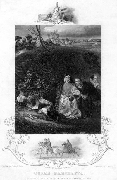 Dronning Henrietta, i ly ved en bank fra parlamentarikerne, c1800-tallet. af J. Rogers