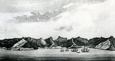 Udsigt over Cumberland Bay ved øen Juan Fernandes, ca. 1745 (gravering) af J. S. Mason
