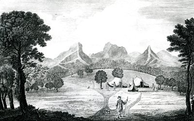 Udsigt over Commodore-teltet på øen Juan Fernandes, ca. 1745 (gravering) af J. S. Mason