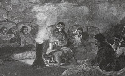Indretning af vores vinterhytte i Camp Clay under madlavning, 1883 pub. London 1886 af J. Steeple Davis