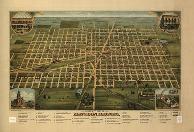 Fugleperspektiv af Mattoon, Illinois 1884. af J. W. Shober and Carqueville Smith