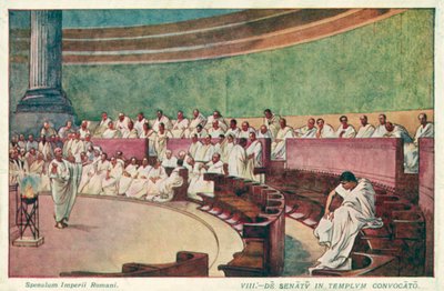 Cicero angriber Catilina i senatet i det antikke Rom (farve litho) af J. Williamson