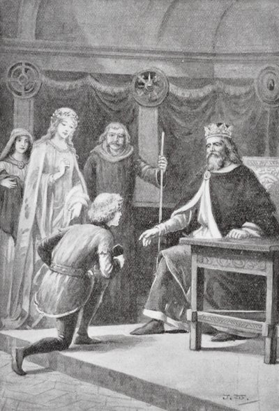 Gareth kom for at bede om sin anden tjeneste, at han skulle blive en af kongens riddere og få lov til at hjælpe damen (litografi). af J. Williamson