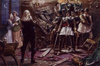 Oliver Cromwells parlamentariske soldater bryder ind i huset hos en tilhænger af kong Charles I (farve litho) af J. Williamson