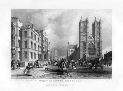 Westminster Hospital og Abbey Church, London, 1800-tallet. af J. Woods