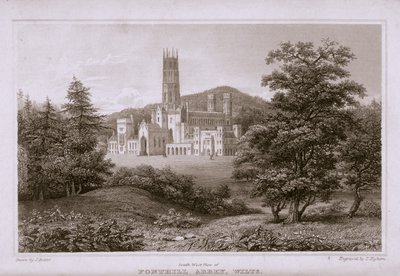 Sydvestudsigt over Fonthill Abbey, indgraveret af T. Higham, 1823 af J. after Rutter