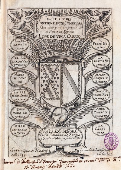 Halv titelside af samling af tolv komedier af Felix Lope af Vega Carpio (1562-1635) af J. de (after) Courbes