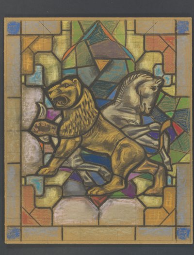 Design til et farvet glasvindue med en løve og hest af Jaap Weyand