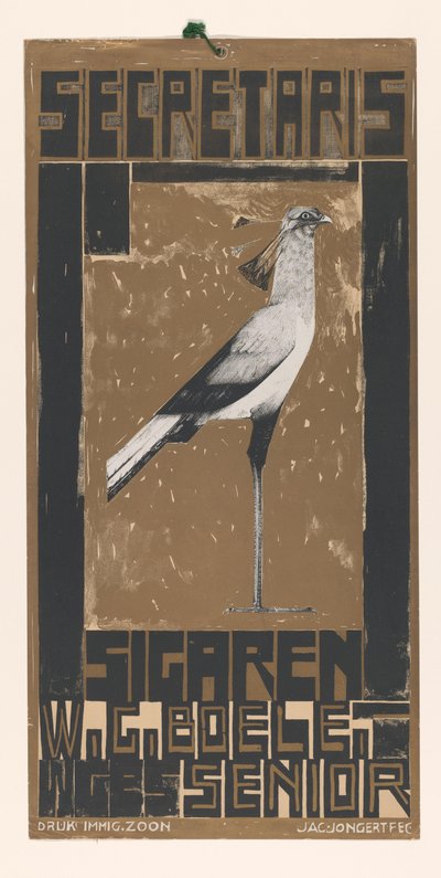 Reklameseddel for sekretærcigarer, med fugl Sekretær Cigarer W.G. Boele WGBS Senior (titel på objekt) af Jac Jongert