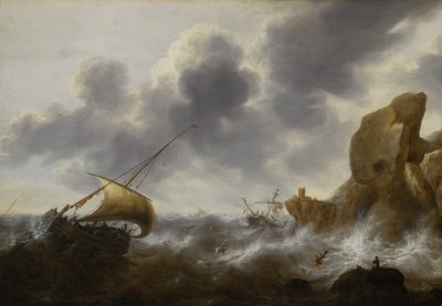 En fiskerbåd ud for en klippekyst i en storm med et vrag, ca. 1664-65 (olie på panel) af Jacob Adriaensz. Bellevois