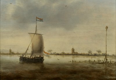 Et sejlskib langs kysten af en hollandsk by, der menes at være Schoonhoven af Jacob Adriaensz. Bellevois