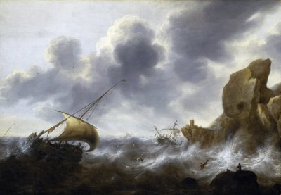 En fiskerbåd fanget i en storm nær en klippekyst med et skibsvrag. Olie på lærred af Jacob Adriaensz Bellevois (1621-1675). af Jacob Adriaensz. Bellevois