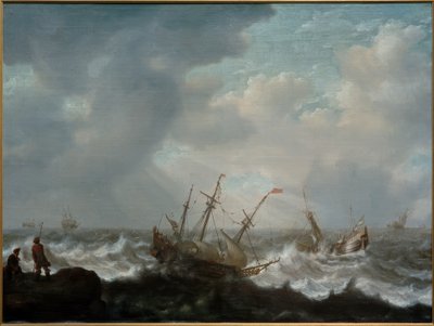 Tre-master og andre skibe på stormfuldt hav af Jacob Adriaensz Bellevois