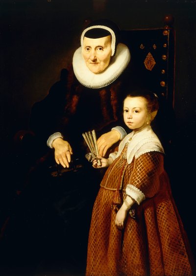 Portræt af en dame, 80 år med en pige, 6 år, trekvart længde, ca. 1632-33 af Jacob Adriensz Backer