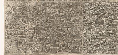 Plattegrund af Rome ti tide af keizer Augustus (mellemste blad) Et meget nøjagtigt billede af den antikke by dannet ud fra fortidsminder Afbildninger af det gamle Rom fra spor af ødelagte bygninger af Jacob Bos