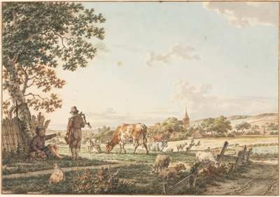 Pastoralt landskab med landsby, 1799. af Jacob Cats