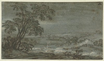Bakket landskab med flodbøjning Aen den Rijn (titel på objekt) af Jacob Colijn