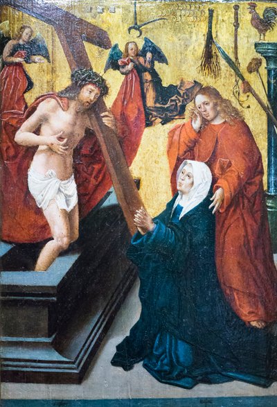 Opstandne Kristus med symbolet på lidenskaben, der viser sig for Madonnaen og Sankt Johannes Evangelisten af Jacob Cornelisz van Oostsanen
