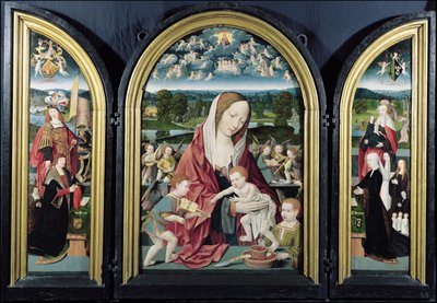 Jomfru og barn med musikskabende engle og familien Sampsons-Coolen, Triptykon, 1500-1525 af Jacob Cornelisz van Oostsanen
