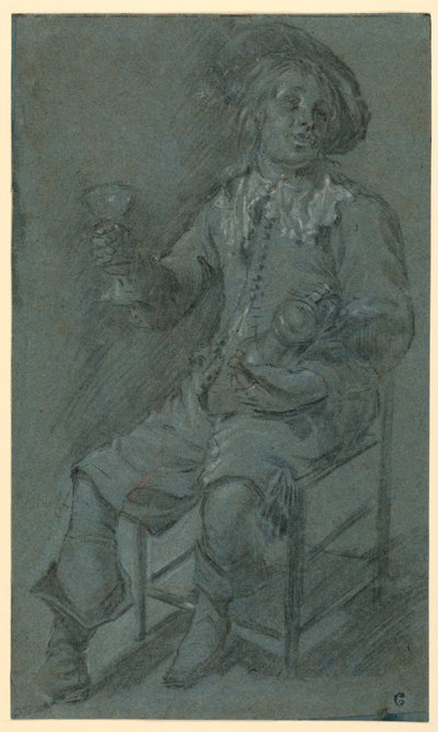 Tegning, siddende kavaler med vinglas, 1650-60 af Jacob Duck