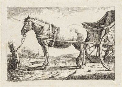 Stående hest, koblet foran en vogn Seks tryk efter tegninger af forskellige mestre (serietitel) af Jacob Elias van Varelen