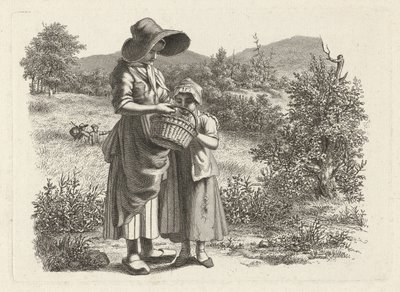 Ung kvinde og et barn kigger i en kurv Studietryk / Etudes gravées (serietitel) af Jacob Ernst Marcus