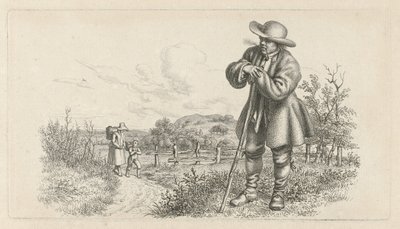 Mand lænet på en pind og en kvinde med et barn på en landevej Studietryk / Etudes gravées (serietitel) af Jacob Ernst Marcus