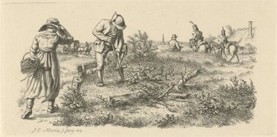 Gravende mand, en kvinde med en kurv og soldater til hest Studietryk / Etudes gravées (serietitel) af Jacob Ernst Marcus