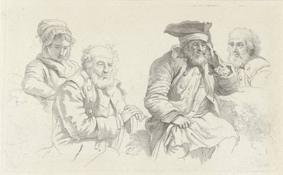 Studieark med tre gamle mænd og en ung kvinde Studietryk / Etudes gravées (serietitel) af Jacob Ernst Marcus