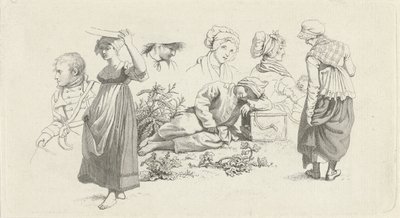 Studieark med en sovende dreng og figurer Studietryk / Etudes gravées (serietitel) af Jacob Ernst Marcus